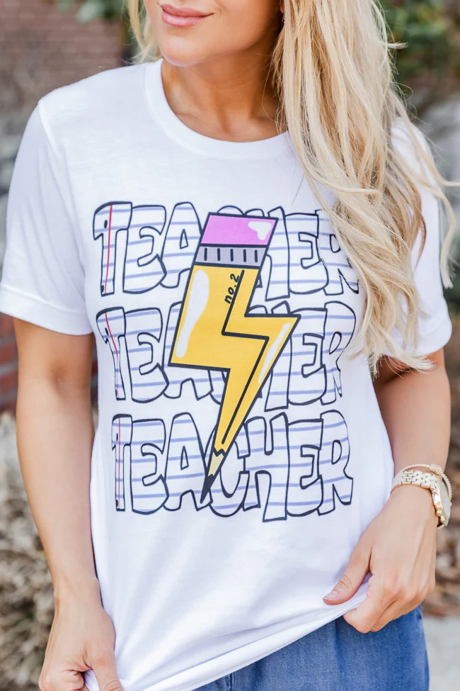 Teacher Repeat Pencil White Graphic Tee | Pink Lily
