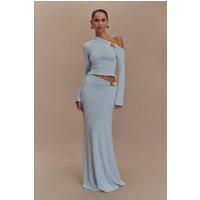 Ainsley Asymmetrical Maxi Skirt With Floral Hardware - Pale Blue I MESHKI I Size XXS | MESHKI US