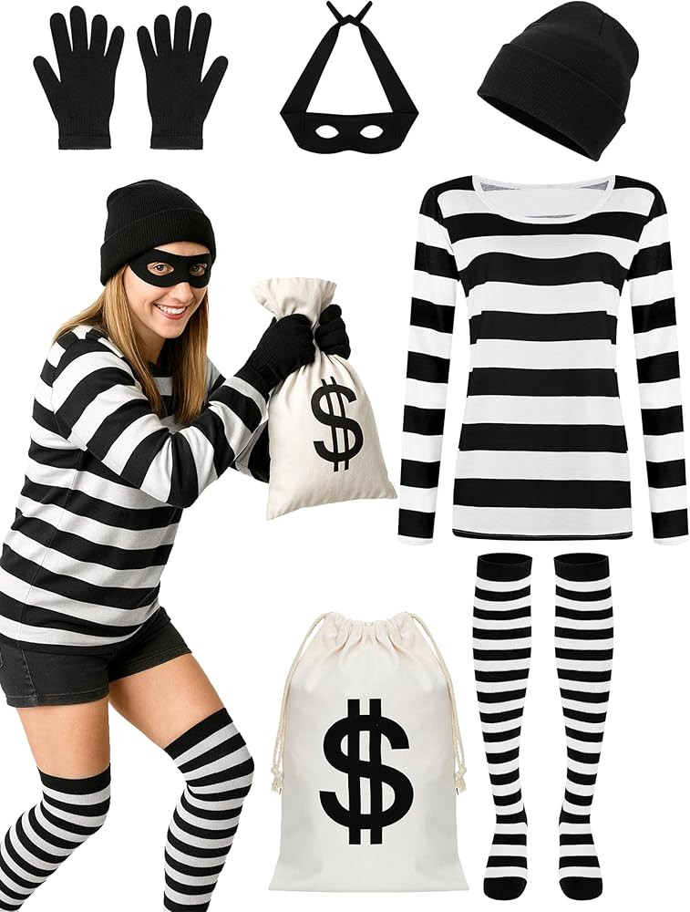 QZYL Halloween Women Robber Costume Set, Women Thief Cosplay Striped Shirt Mask Gloves Beanie Cap... | Amazon (US)