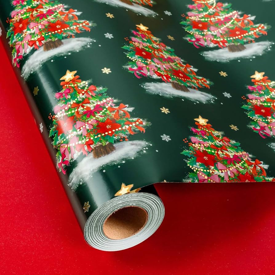 Burymento Christmas Wrapping Paper, Reversible Green Christmas Tree with Red Bow Design Gift Wrap... | Amazon (US)
