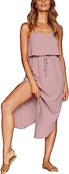 Women's Summer Casual Dress Adjustable Strappy Split Floral Midi Beach Dress | Amazon (US)