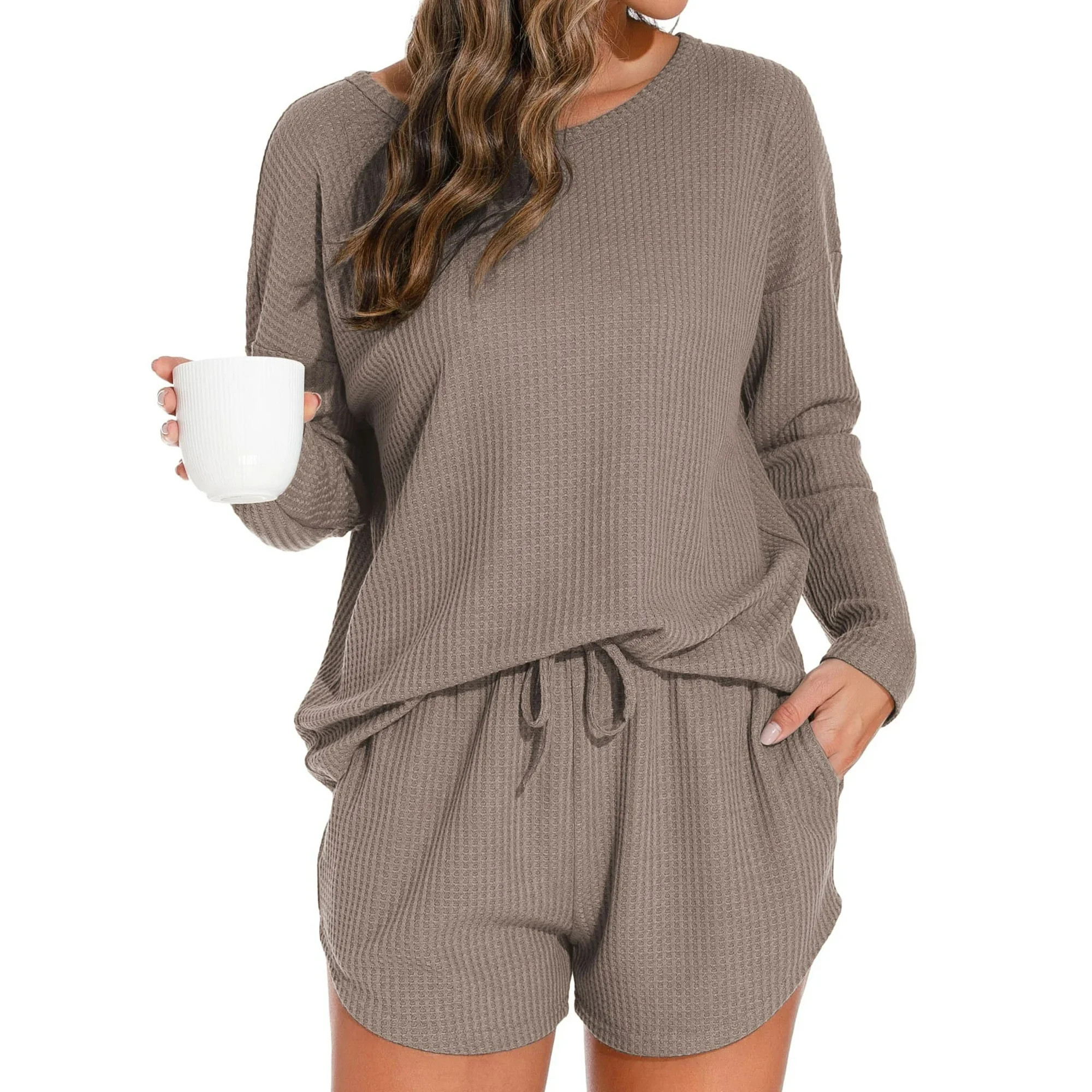 Fantaslook Pajamas Sets for Women Waffle Knit Lounge Sets Long Sleeve Top and Shorts Outfits Loun... | Walmart (US)