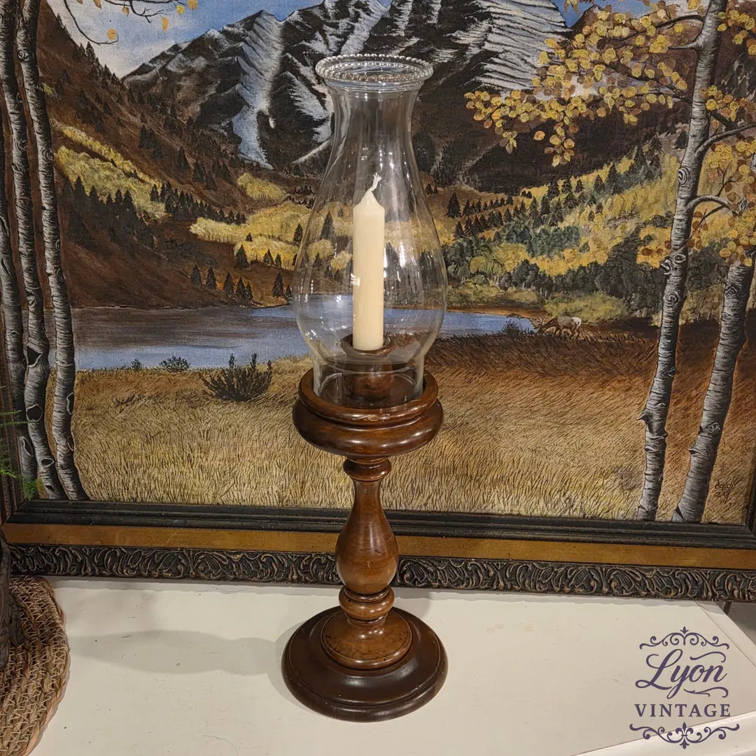 Vintage Wooden Candlestick with Glass Hurricane Chimney – 16" Tall Rustic Farmhouse Candle Hold... | Etsy (US)