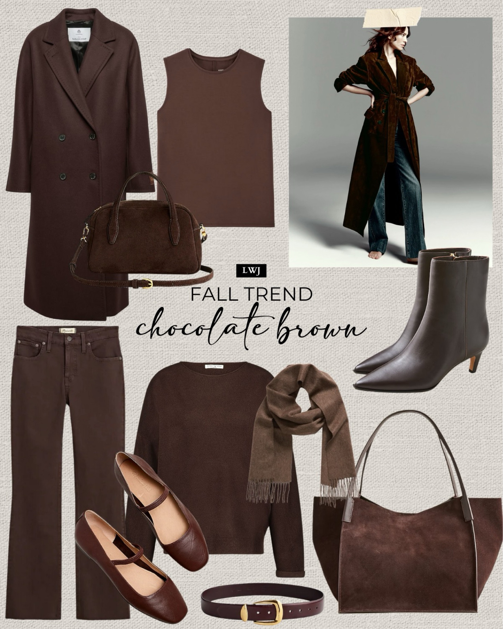 Fall trend: chocolate brown 

Long coat / tank / kick out crop jeans / suede purse tote / kitten heel booties / ballet flats / cashmere sweater / scarf 

#LTKSeasonal