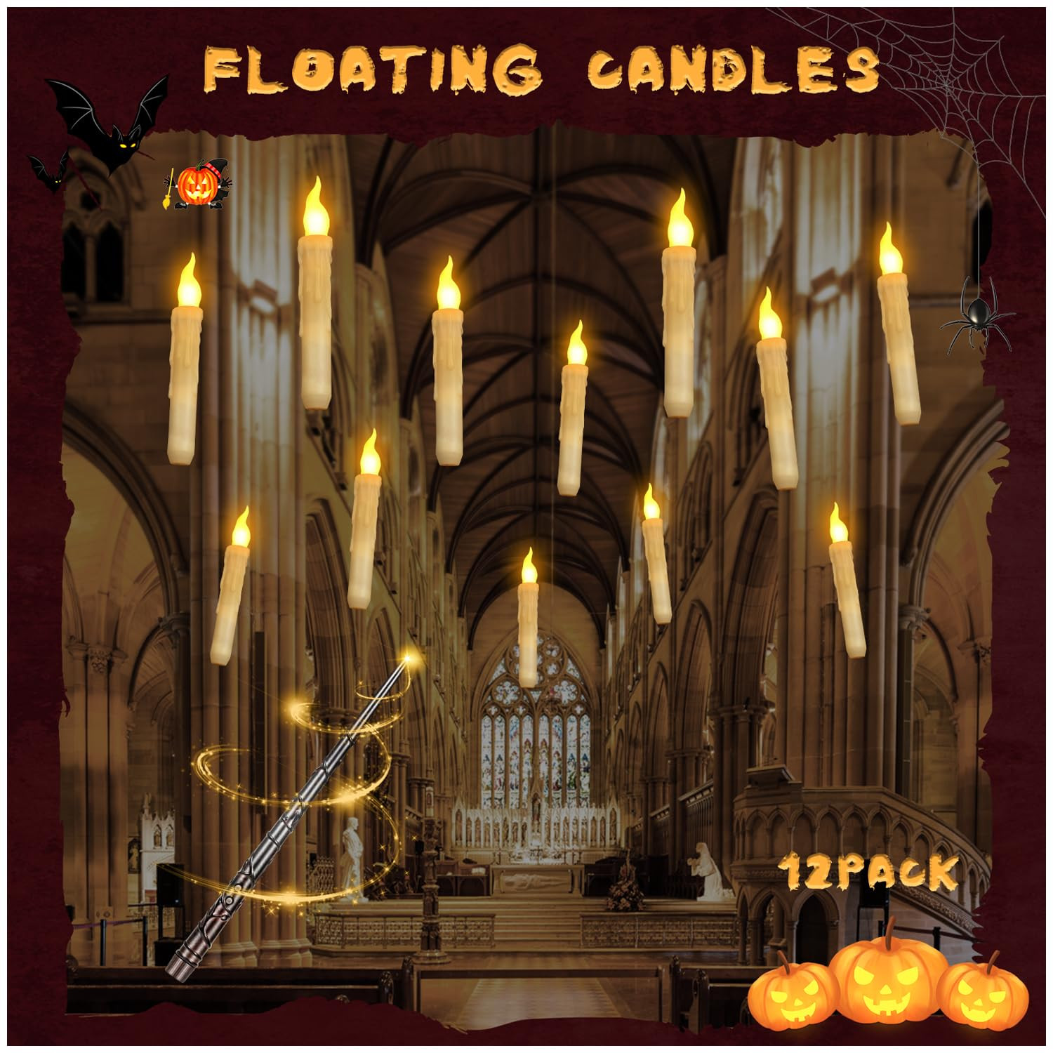 Floating Candles with Wand Remote, Magic Floating Halloween Candles, Flameless LED Flickering Witch Decor Hanging Candles for Halloween Christmas Birthday Party Room Ceiling Decorations, Pack of 12 | Amazon (US)