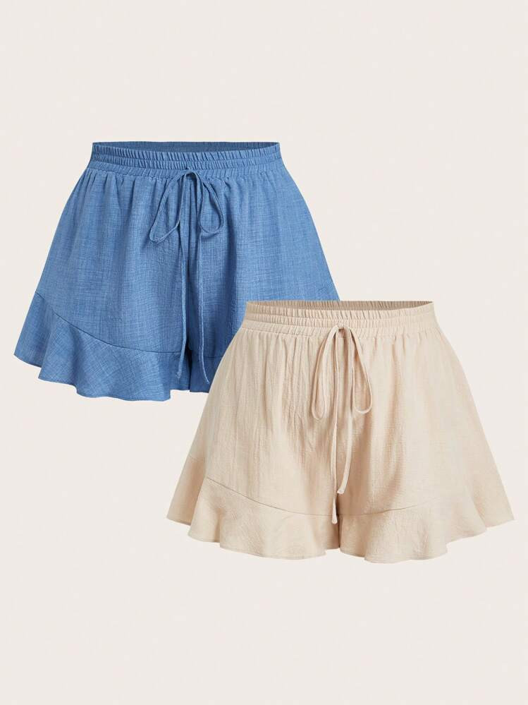 SHEIN Elaquor 2 Pcs/Set Women's Plus Size Casual Woven Fabric Shorts With Ruffle Hem And Drawstring, Apricot, Short Length For Summer Comfort | SHEIN