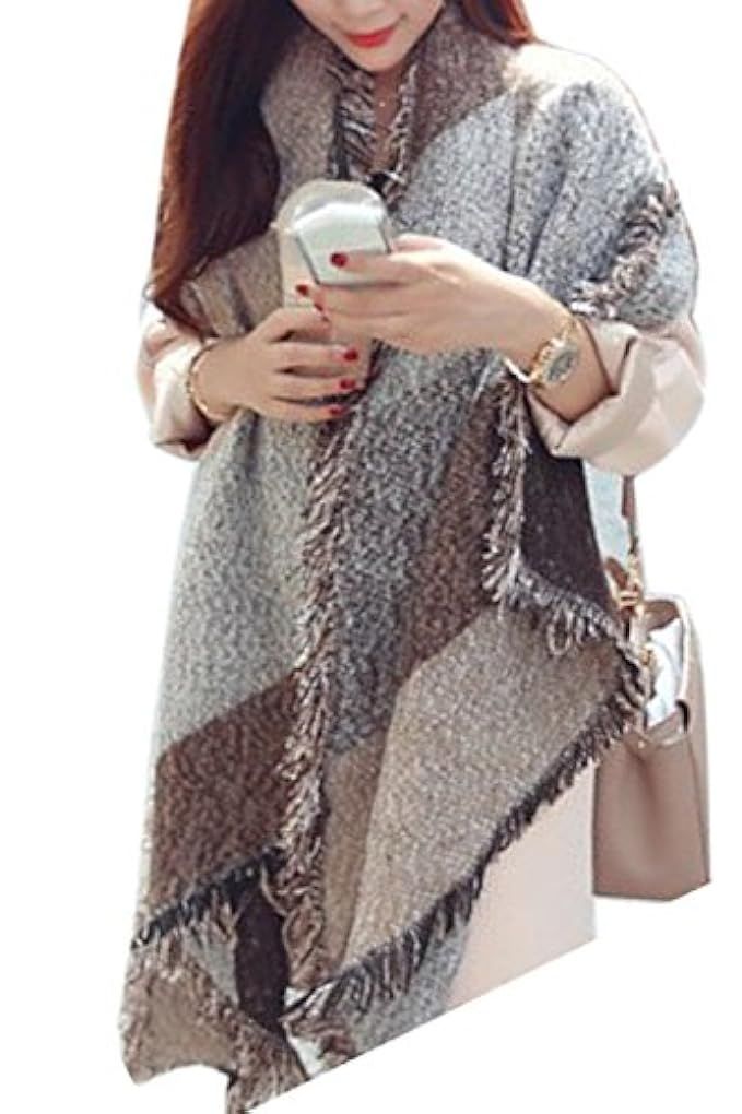 Women Winter Elegant Big Grid Colorblock Plaid Warm Blanket Wrap Shawl Scarf | Amazon (US)