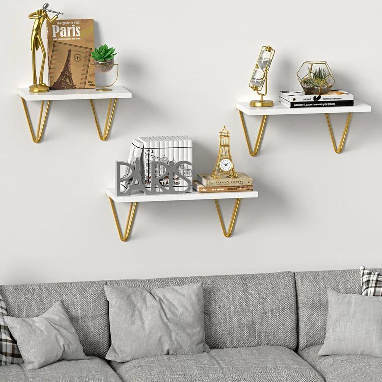 White Set of 3 Modern Wall Mounted Floating Shelves with Triangle Golden Metal Brackets | Walmart (US)