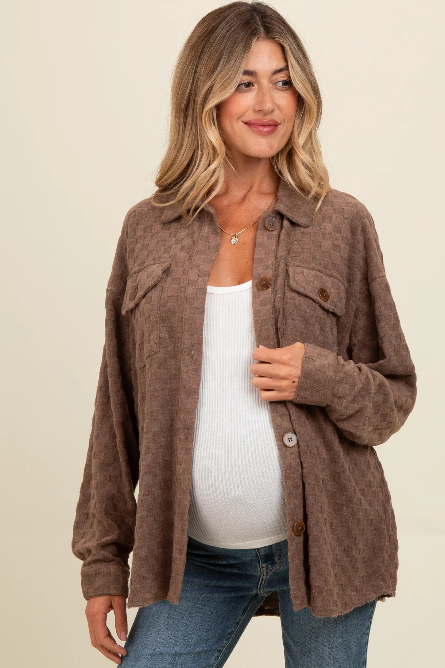 Brown Checker Plaid Button Down Maternity Shirt | PinkBlush Maternity
