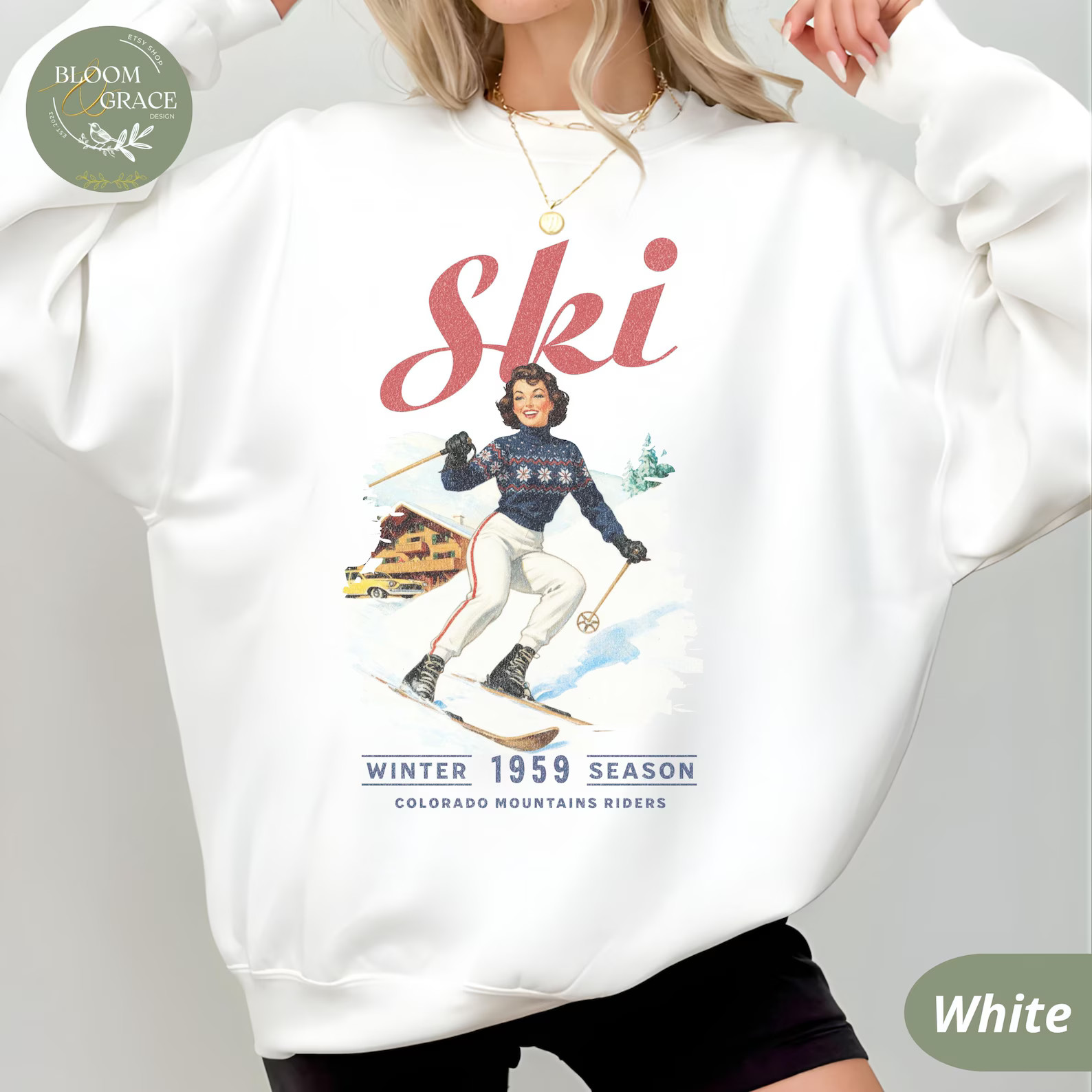 Vintage Ski Sweatshirt Retro Winter Skiing Sweater 1950s Ski Lodge Pullover Cute Ski Gift for Her... | Etsy (US)