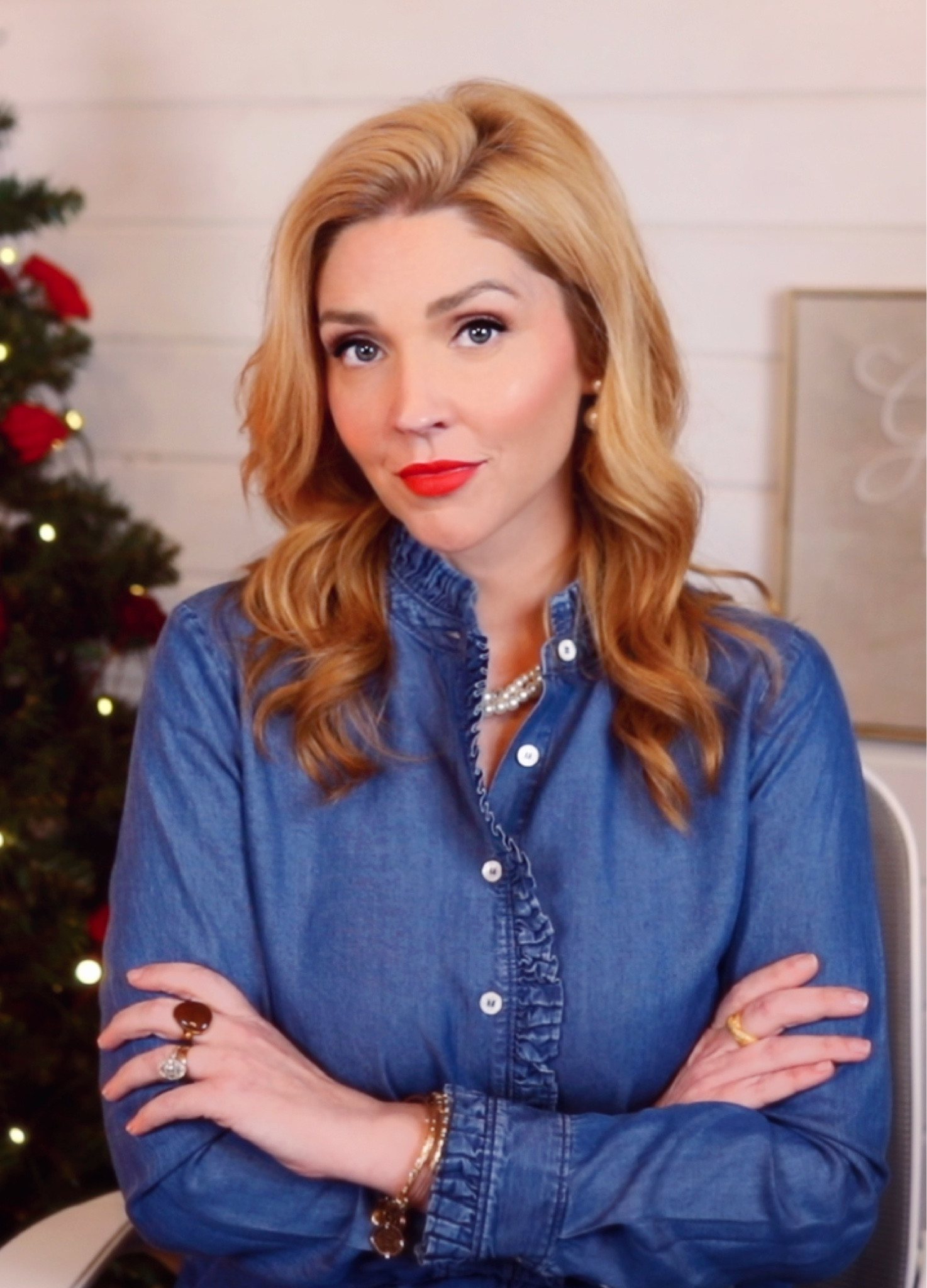 Love this ruffle neck chambray style denim top 🤍 mix with pearls and a red lip… yep! 🙌🏻

Nordstrom fashion finds
Walmart fashion finds 

#LTKover40 #LTKSeasonal #LTKHoliday