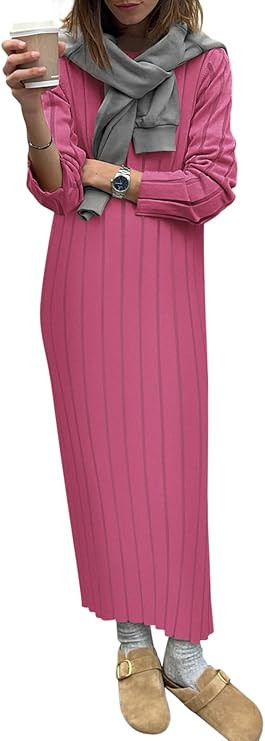 Yousify Womens 2025 Trendy Spring Long Sleeve Sweater Dresses Casual Round Neck Split Hem Striped... | Amazon (US)