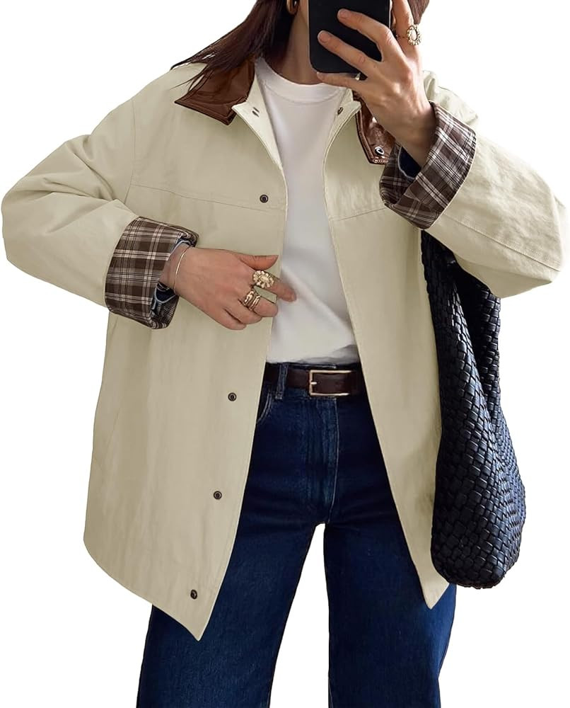Tankaneo Womens Trench Coat Oversized Fall Barn Jacket Leather Collar Plaid Color Block Windproof... | Amazon (US)