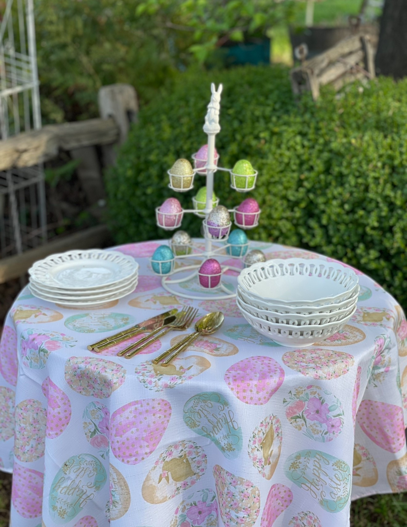 Easter Tablescape idea. Elegant Easter egg tablecloth. 

#LTKHome #LTKParties #LTKFindsUnder50