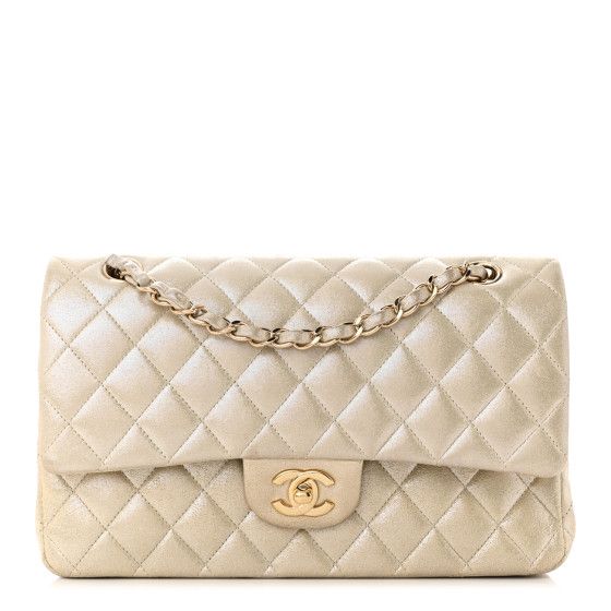 Iridescent Calfskin Quilted Medium Double Flap Light Gold | FASHIONPHILE (US)