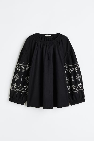 Linen-blend Embroidered Blouse | H&M (US + CA)