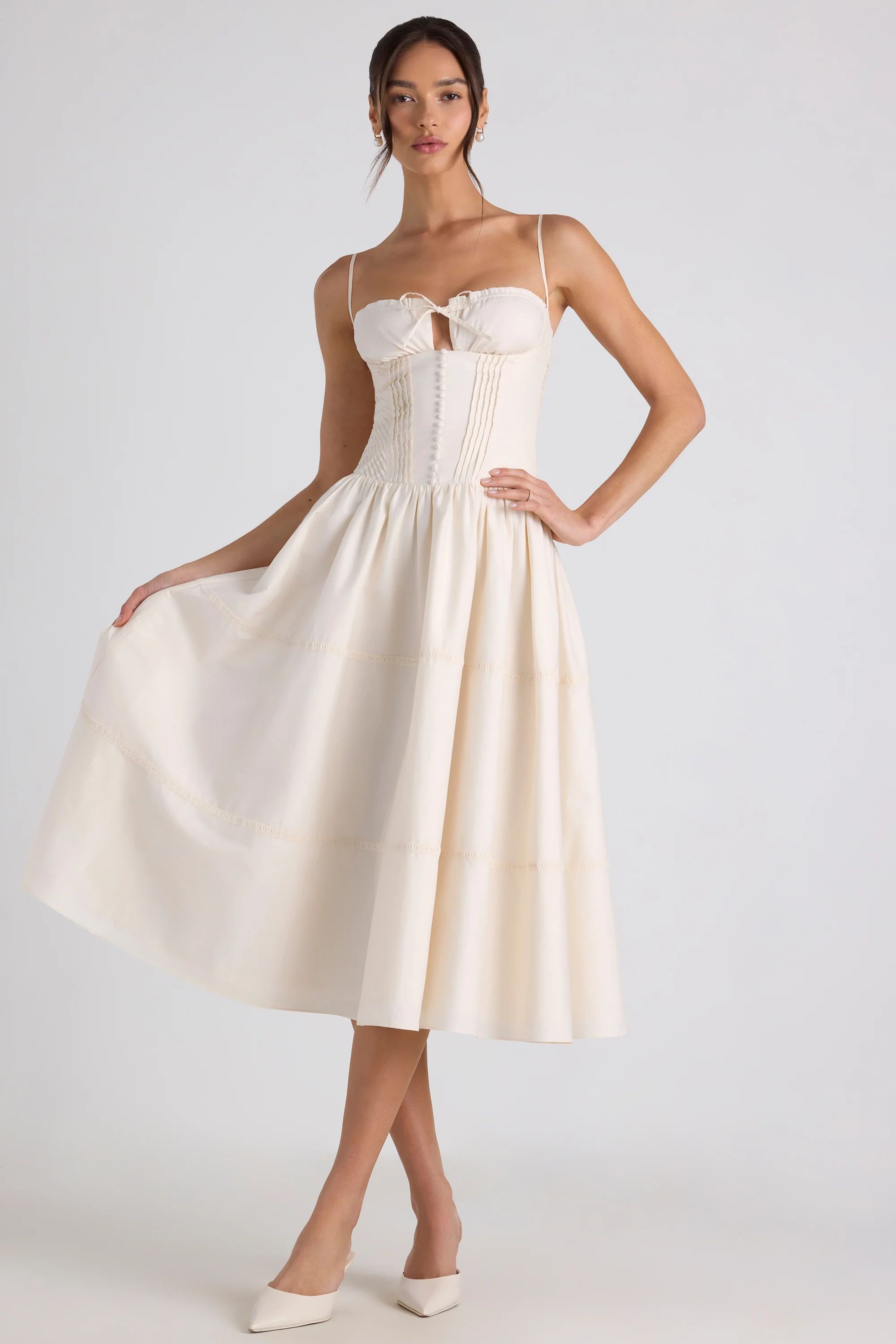 Lace-Trim Pintucked Poplin Midaxi Dress in Ivory | Oh Polly