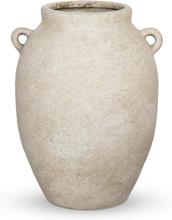Hollyone Beige White Rustic Ceramic Vase 8.1" Tall Vintage Farmhouse Flower Vases with Handle Large Decorative Terracotta Vases for Table Centerpiece Home Living Room Shelf Fireplace Decor | Amazon (US)