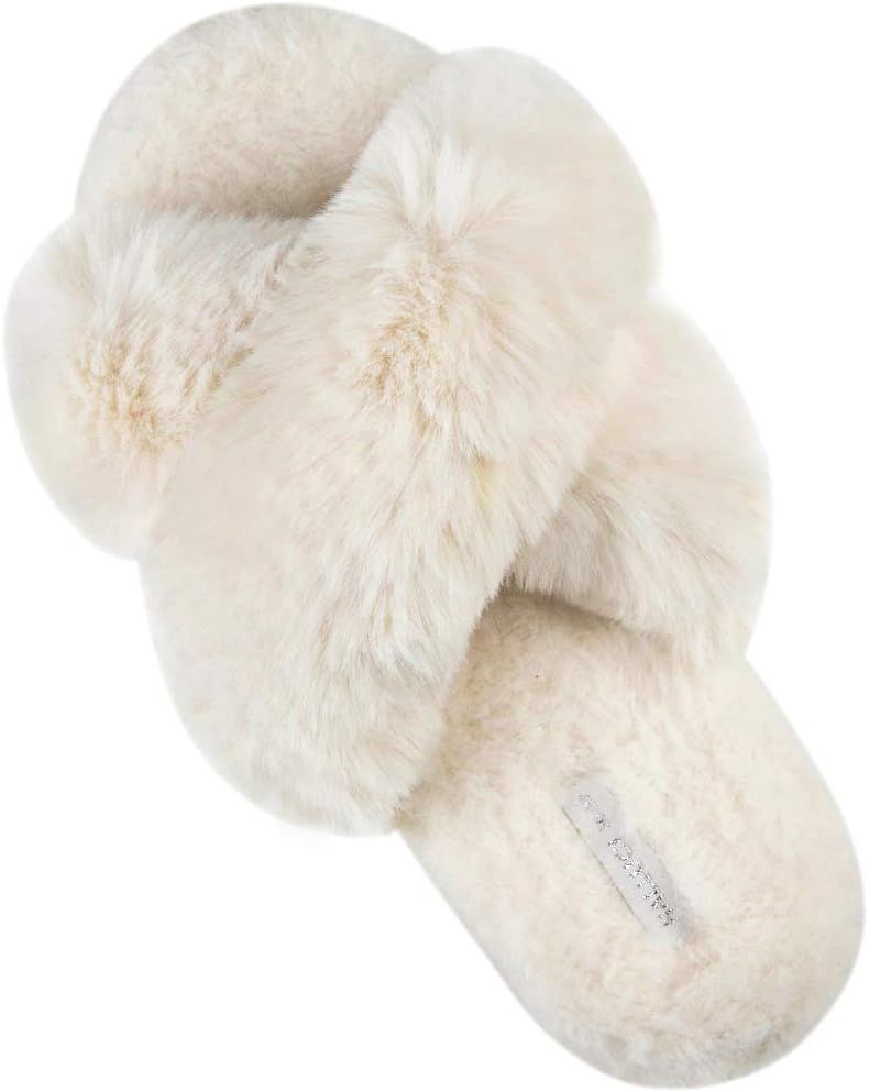 HALLUCI Women's Cross Band Soft Plush Fleece House Indoor or Outdoor Slippers | Amazon (US)