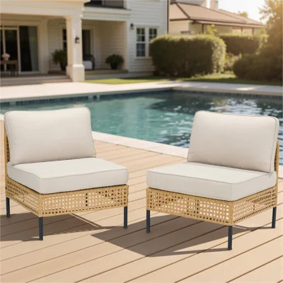 Outdoor Natural Wicker Sofa Boho Patio Sectional Loveseat Furniture Set with Beige Csuhions | Wayfair North America