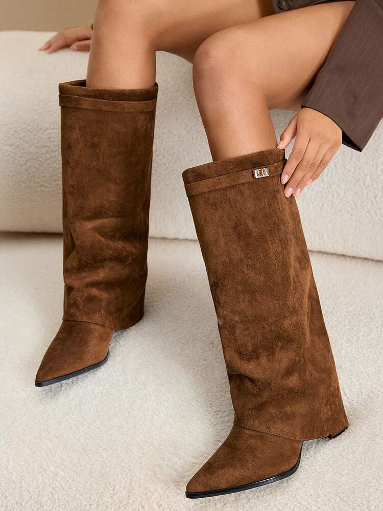 Daringsoles Women's Pointed Toe Chunky Heel Suede Western Boots, Slim Fit Tall Boots | SHEIN