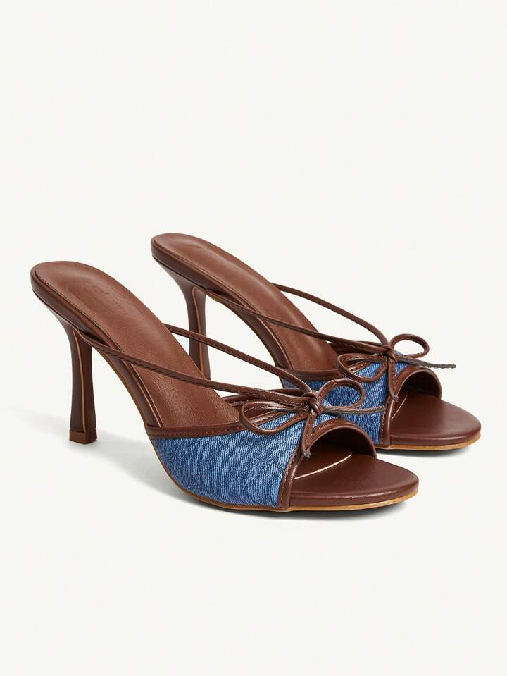 CUCCOO CHICEST Women's Summer New Arrivals Strappy Criss Cross Bow Round Toe Stiletto High Heel Elegant Fashion Two-Tone Brown And Blue Faux Leather Fabric Ladies Dress Sandals, Suitable For Formal Occasions, Afternoon Tea, Dates, Parties, Elegant Outfits, And Vacations | SHEIN