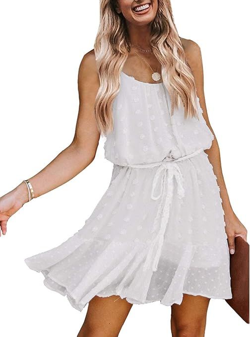 Lovinchic Women's Spaghetti Strap Tied Waist Floral Mini Dress Summer Casual Flowy Dress | Amazon (US)