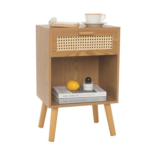Mid Century Modern Nightstand, Rattan Bedside Table with Drawer and Open Shelf, Wood Nightstand Modern Side Table for Living Room, Bedroom and Small Space, Brown | Amazon (US)