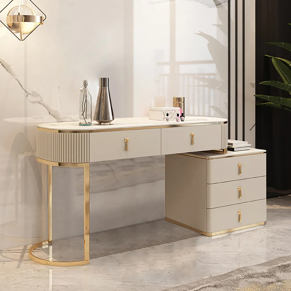 Nordic Makeup Vanity Extendable with 5-Drawer Dressing Table with Stone Top in Champagne | Homary