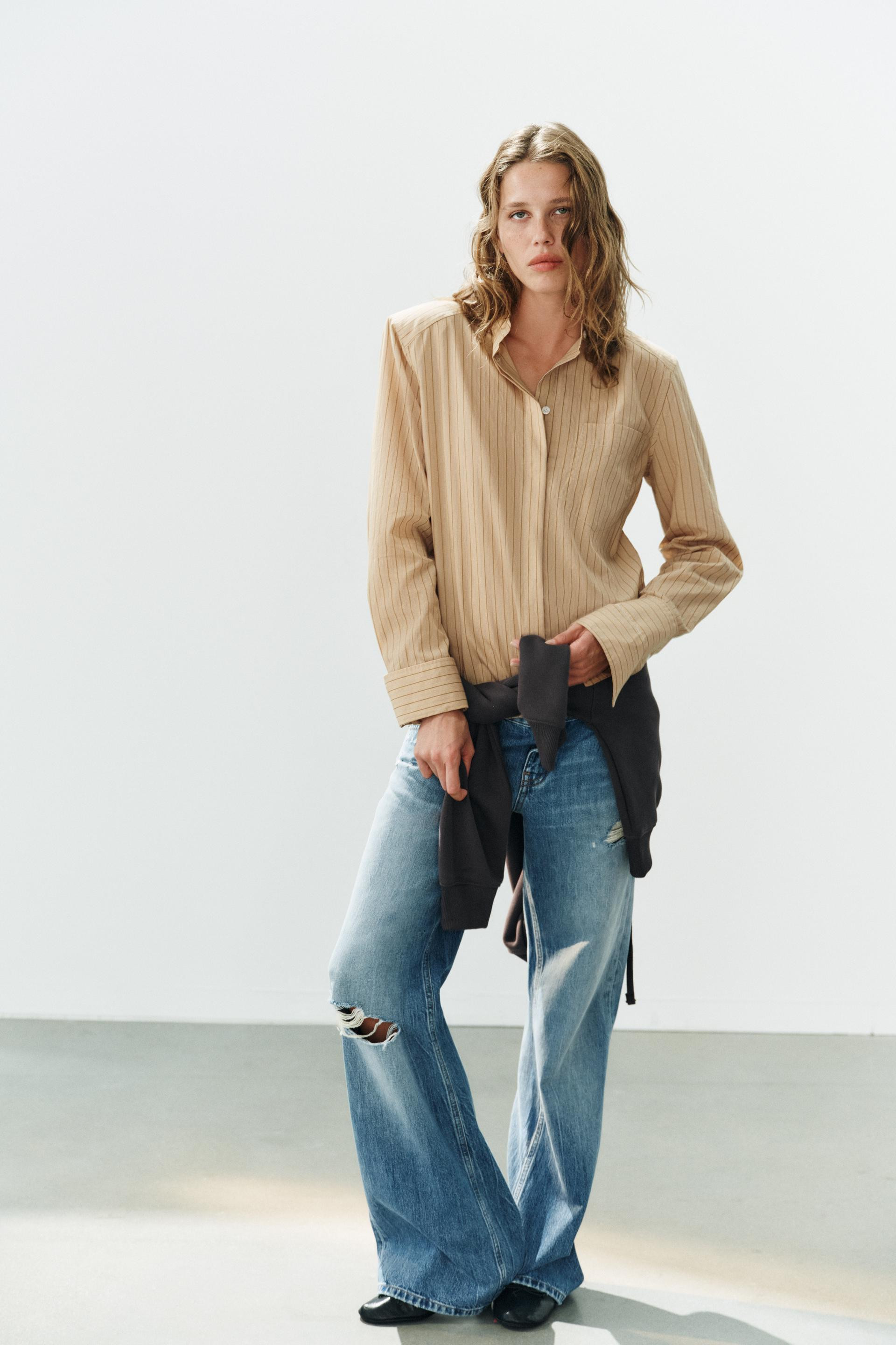 Zara - Striped Shirt With Shoulder Pads - Camel - S - Woman | Zara UK