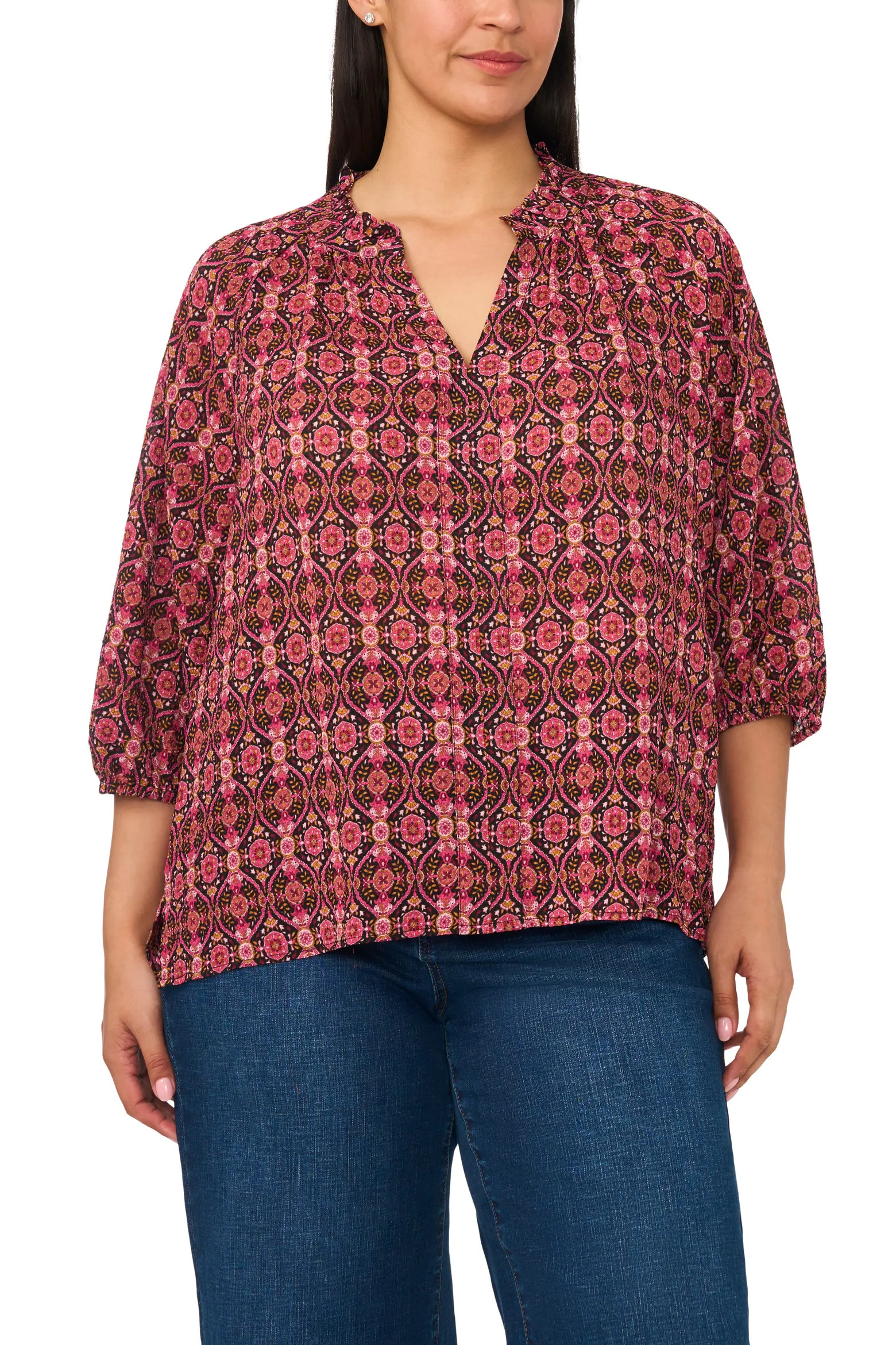 CeCe Scarf Print Split Neck Crepe Top (Women) | Nordstrom | Nordstrom
