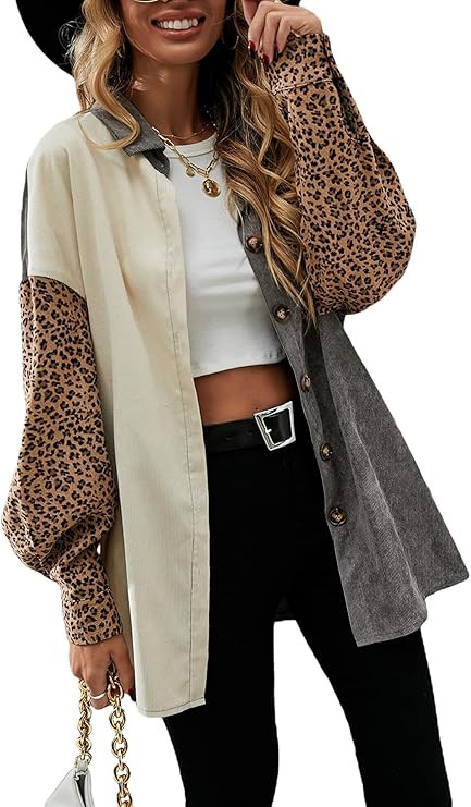 MakeMeChic Women's Corduroy Shacket Jacket Color Block Leopard Long Sleeve Shirt Coat | Amazon (US)