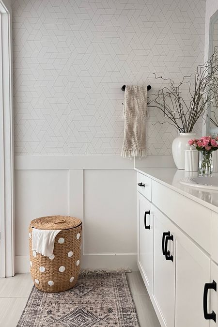 Obsessed with our kids bathroom update! We added wallpaper and a few extra details. We wanted to keep it simple but complete. We added this runner from target studio McGee collection and I am obsessed! 

Neutral home. Neutral home. Decor. Bathroom decor. Spring cleaning. Organic home.