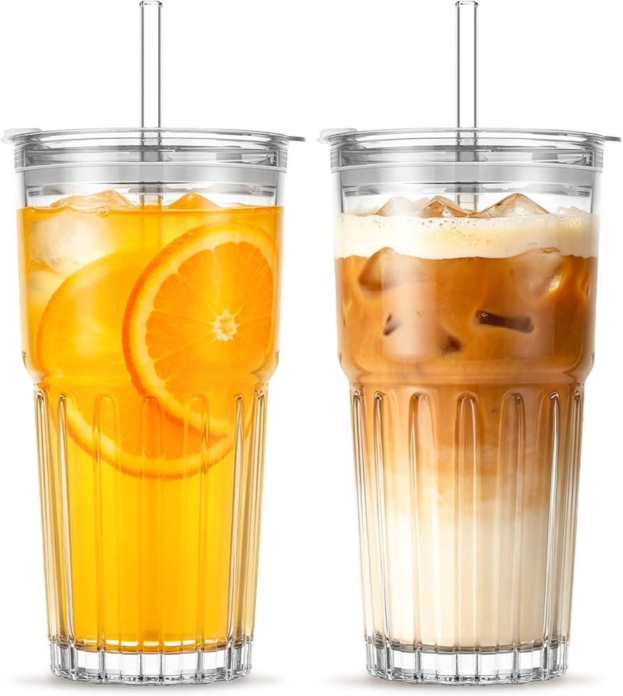 INSETLAN 20oz Clear Glass Cups & Tumbler Set with Lids & Straws \u2013 2-Pack, Reusable Drinking ... | Amazon (US)