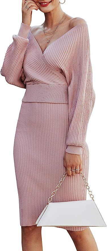 Sollinarry Women's 2 Piece Knit Sweater Dress V Neck Batwing Sleeve Crop Top Bodycon Midi Skirt | Amazon (US)