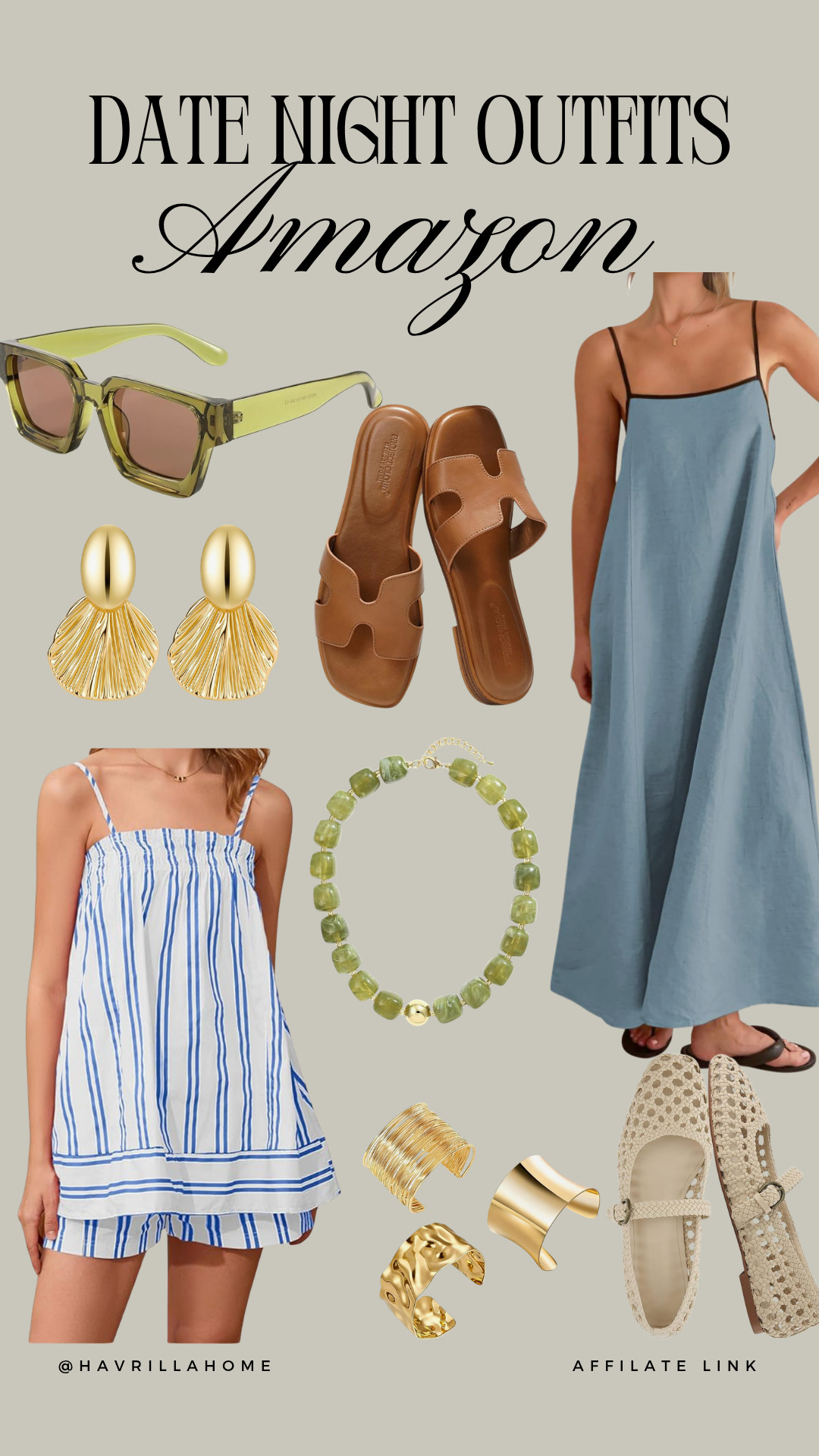 Date Night Outfits, date night outfit, Amazon fashion, women's dresses, blue maxi dress, striped lounge set, woven flats, leather slide sandals, statement earrings, gold jewelry, green beaded necklace, tortoise sunglasses, gold cuff bracelet, summer date night, vacation outfits, resort wear, elevated casual style, neutral fashion, affordable Amazon finds, chic outfit ideas, feminine style

#LTKootd #LTKBeauty #LTKTravel
