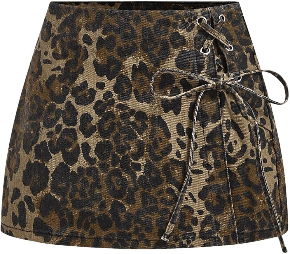 SHENHE Women's Denim Skort Lace Up Side Slit High Waisted Y2k Jean Skirt Shorts | Amazon (US)