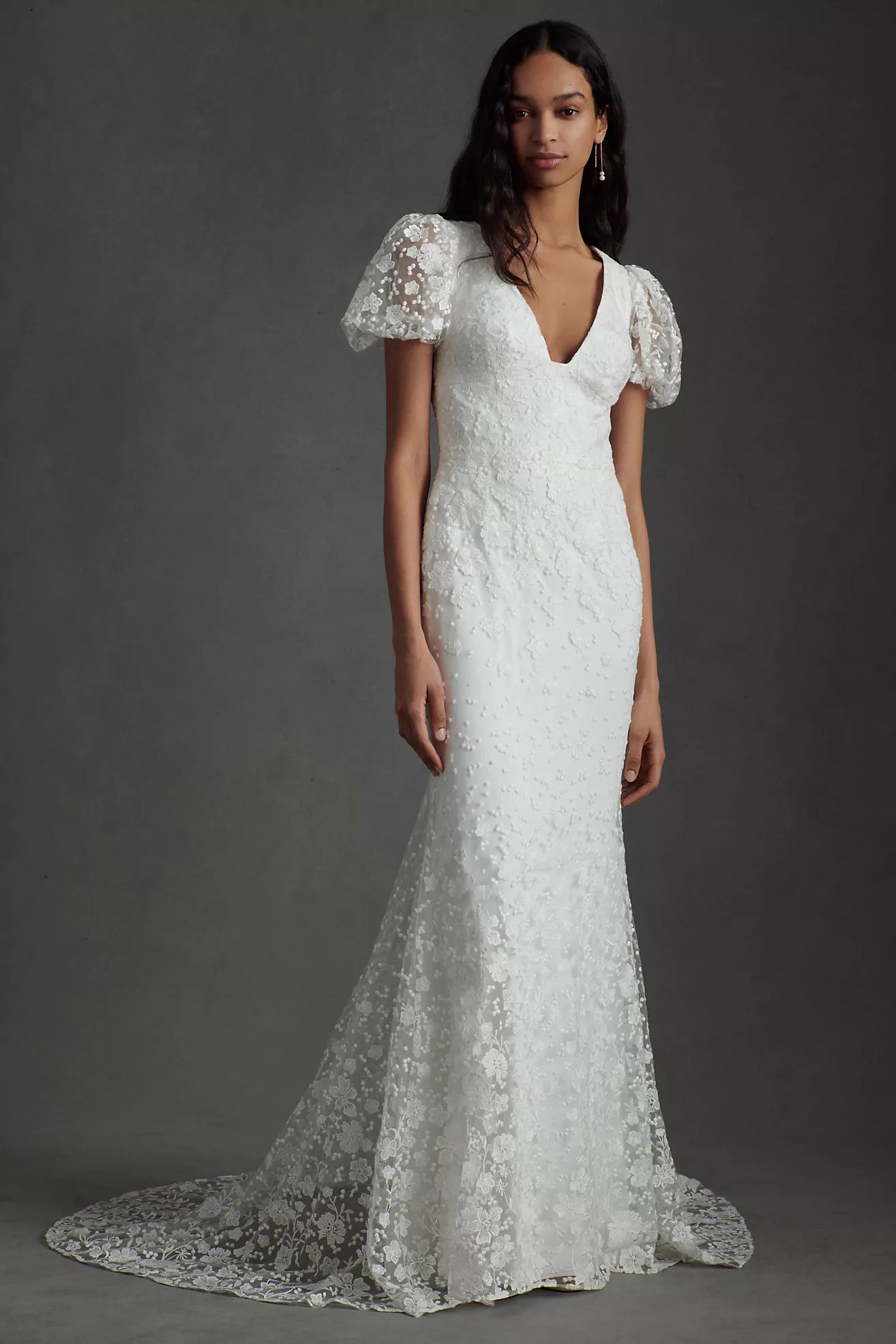 Willowby by Watters Coco V-Neck Puff-Sleeve Floral Lace Wedding Gown | Anthropologie (US)