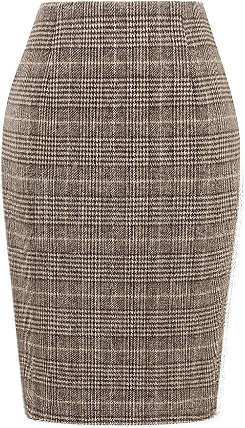 Kinghua Womens Wool Plaid Pencil Skirt Fall Winter High Waisted Slit Bodycon Knee Length Midi Ski... | Amazon (US)