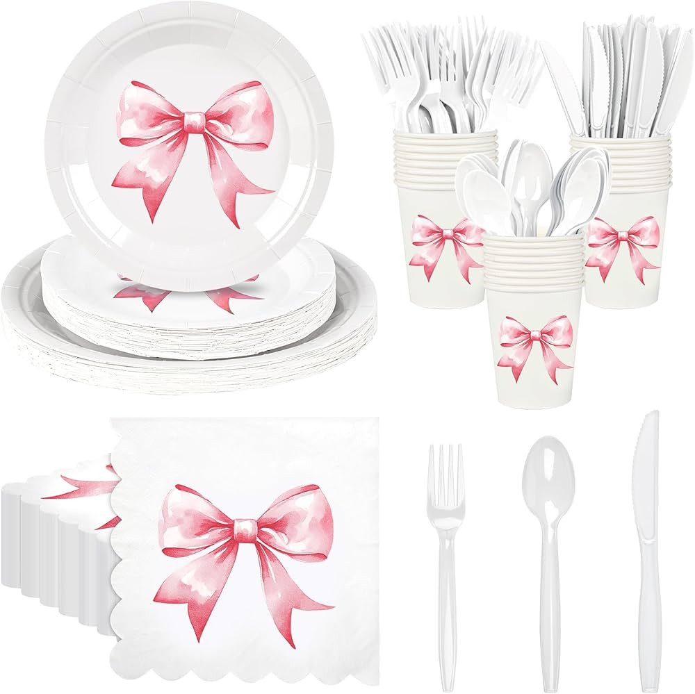 175pcs Pink Bow Party Supplies, Conquette Cute Supplies Bachelorette Decorations Tableware Set In... | Amazon (US)