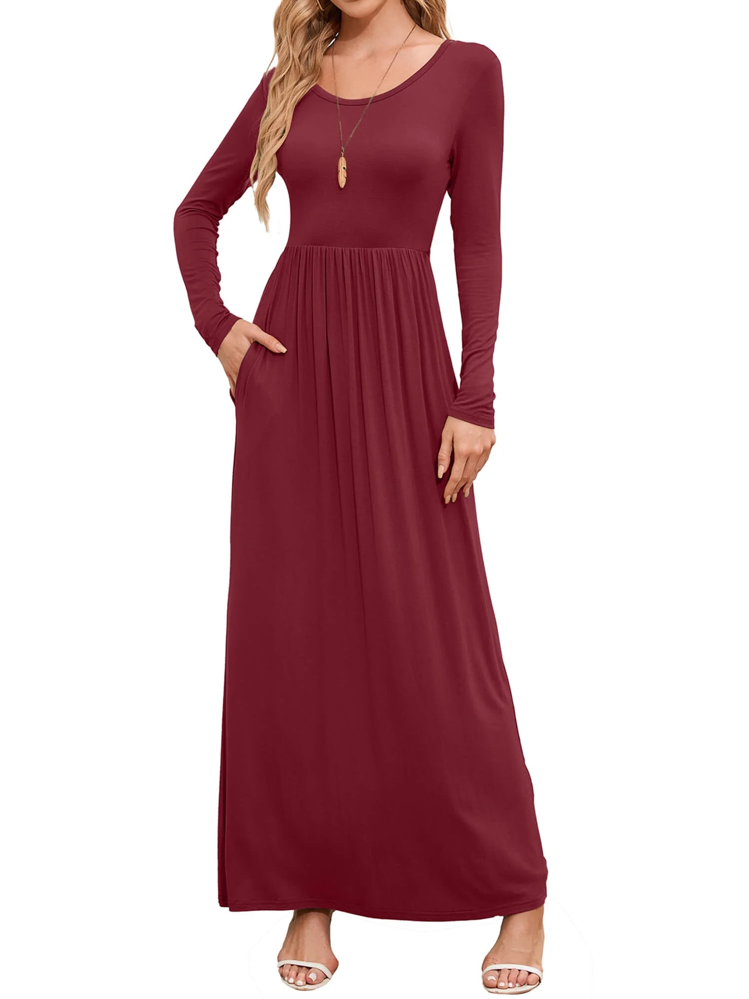 Chiclily Women's Long Sleeve Loose Plain Maxi Dresses Casual Long Dresses with Pockets, Burgundy ... | Walmart (US)