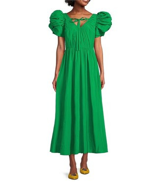x Jennifer Sumko Harrington A-Line Taffeta Tie Neck Puff Sleeve Maxi Dress | Dillard's