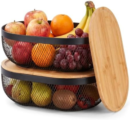 2 Pcs Oval Metal Mesh Storage Baskets with Tray Lids, Black Wire Organizer for Kitchen Countertop... | Amazon (US)