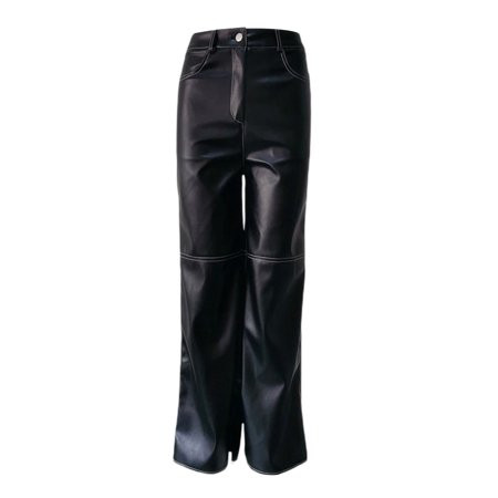 Women Y2K PU Leather Pant Casual Straight Wide Leg Trousers High Waist Black Splice Pant Streetwear | Walmart (US)