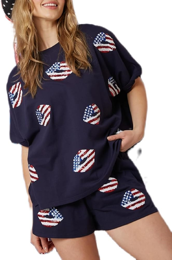 Argeousgor Women 4th of July Outfit Sequin American Flag T-Shirt Oversized Side Split Top Shorts ... | Amazon (US)