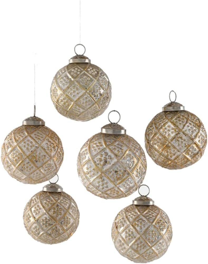 Serene Spaces Living Set of 6 Antique White with Gold Glass Ball Ornaments for Christmas Tree, Holid | Amazon (US)
