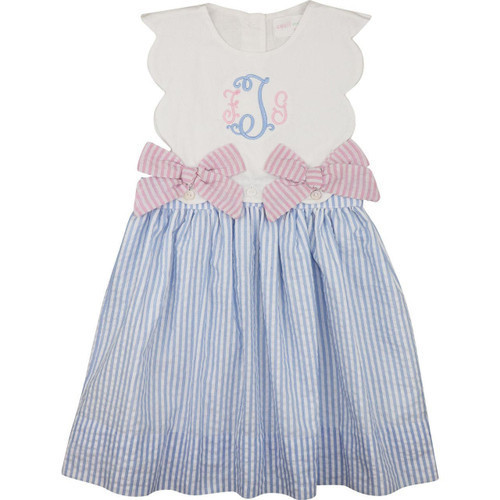 Blue And Pink Seersucker Scalloped Bow Dress | Cecil and Lou