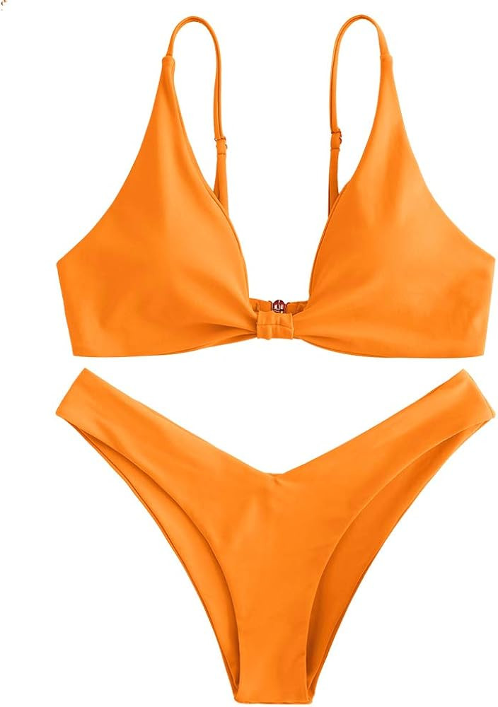 ZAFUL Women's Tie Knot Front Spaghetti Strap High Cut Bikini Set Swimsuit | Amazon (US)