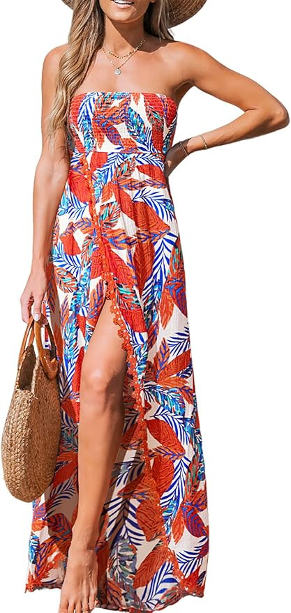 CUPSHE Women's Maxi Dresses Sleeveless Lace Casual Smocked Strapless Slit Long Summer Formal Sun ... | Amazon (US)