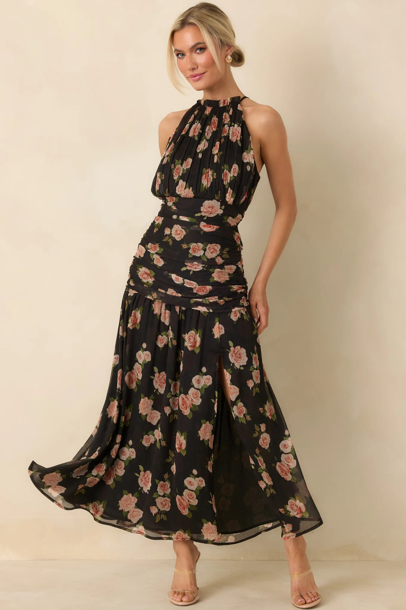All This Charm Black Multi Floral Pattern Gathered Chiffon Halter Maxi Dress | Red Dress